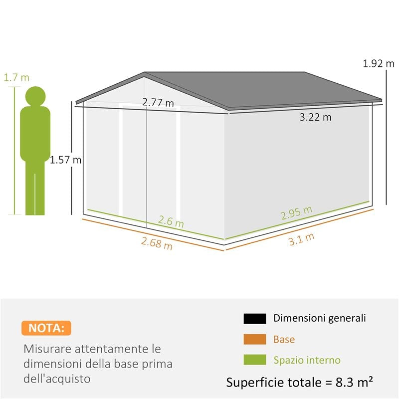 CASETTA DA GIARDINO CON 2 PORTE SCORREVOLI E 4 PRESE D'ARIA IN ACCIAIO, 322X277X192 CM, MARRONE