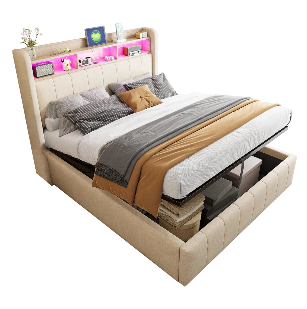 Letto imbottito 140x200 cm; LED e contenitore; lino beige