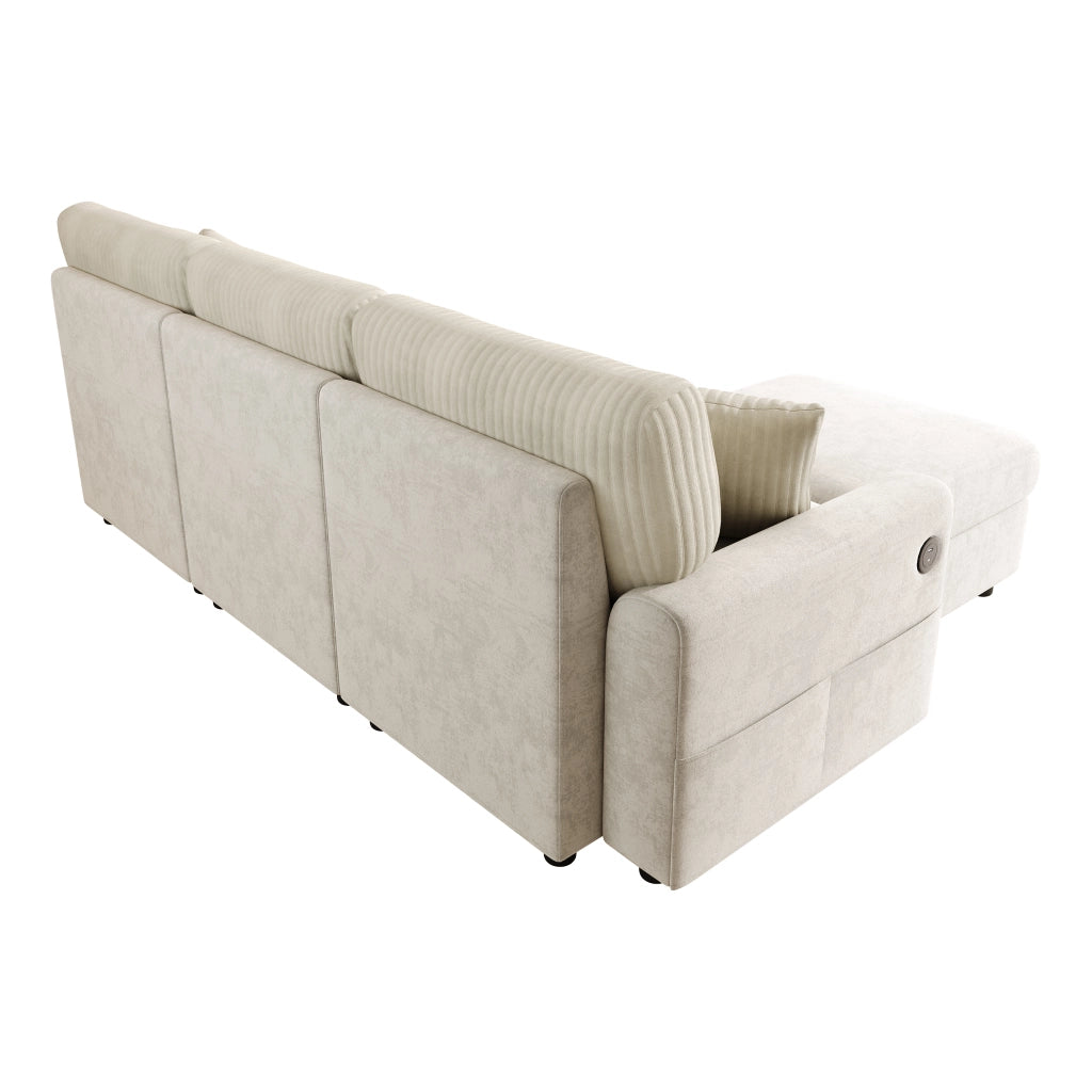 Desviae Divano dritto con 1 porta USB 1 porta Type-C 2 cuscini e pouf in chenille e velluto a coste beige