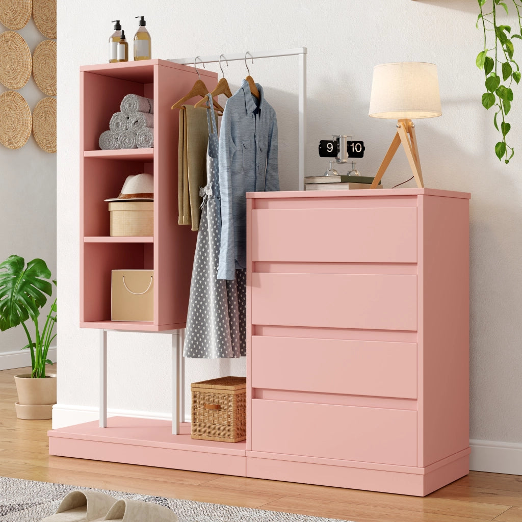 Armadio con 4 cassetti e 3 vani aperti, per ingresso, soggiorno e camera, in truciolare e metallo, rosa, 140 × 40 × 135 cm