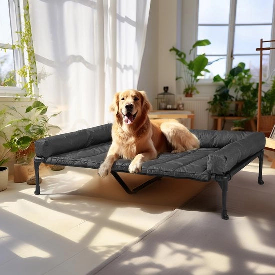 Letto Esterno Elevato per Cani, Letto Elevato per Cani con Cuscino Removibile, Letto Elevato per Cani con Ventilazione e Tessuto Tessile Ademendente per Interno e Esterno, Nero 125 x 83 x 22,5 cm