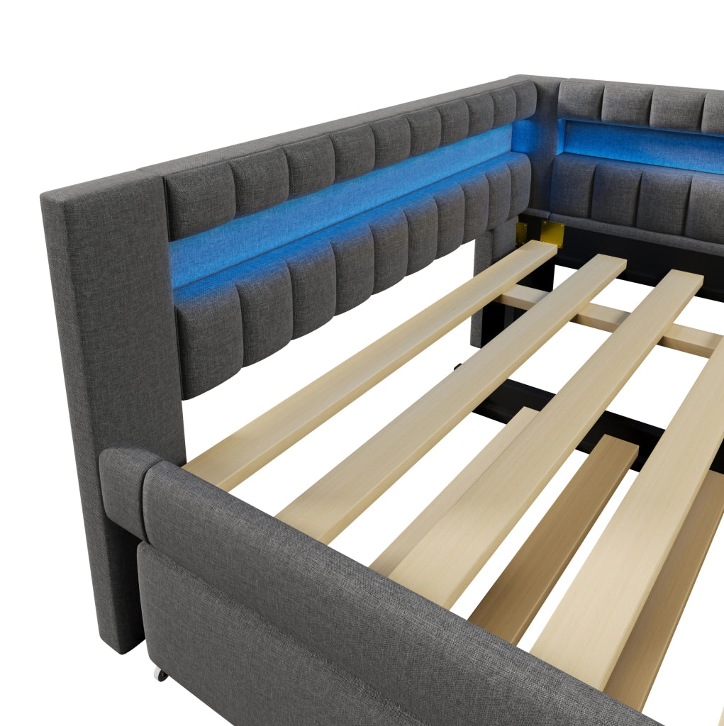 Letto 140x200 cm con letto estraibile e striscia LED in lino grigio