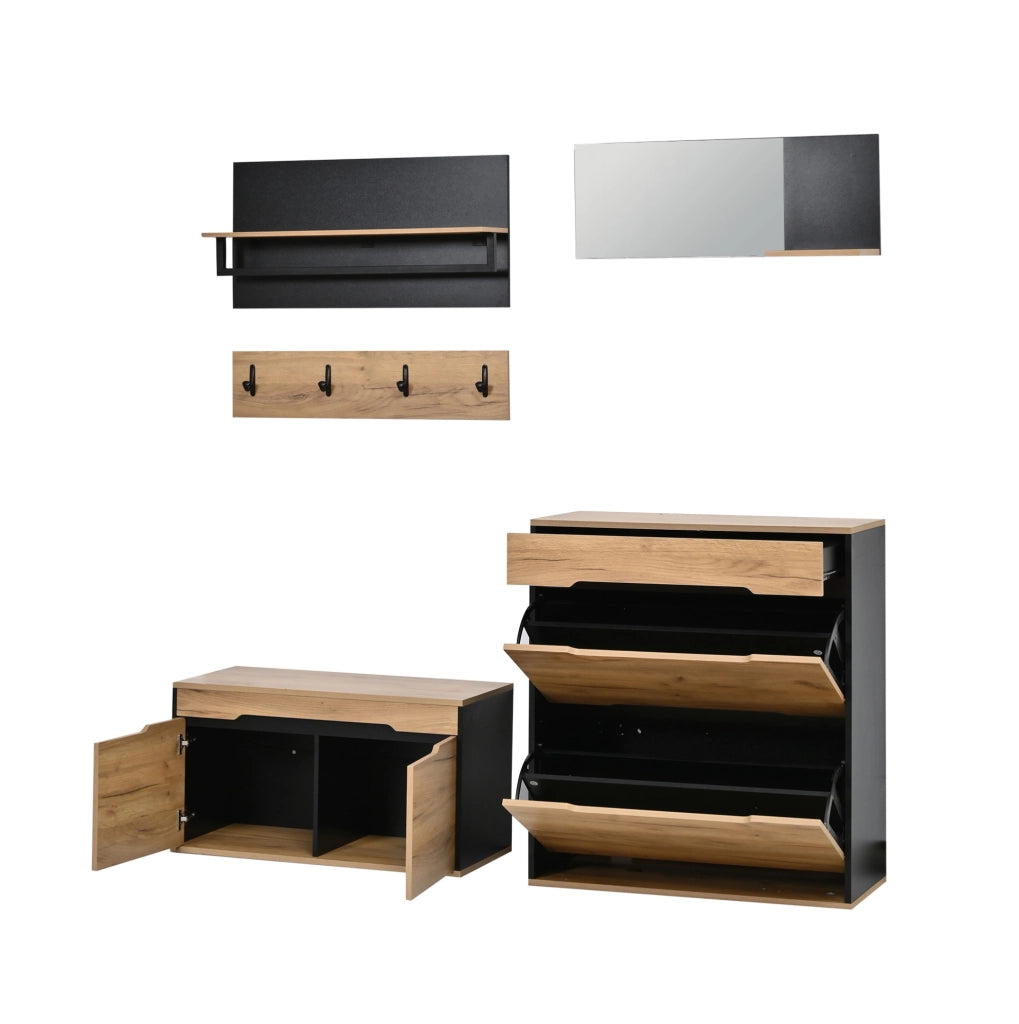 Garderoba ingresso 156x36x176 cm con specchio; ganci e scarpiera regolabile in MDF naturale e nero