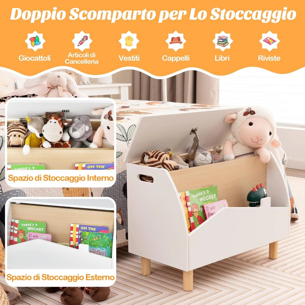 libreria Montessoriana 2-in-1 per Bambini in Legno, Scaffale Porta Libri e Giocattoli con Cassone, Coperchio Ammortizzato e Maniglie, Ideale per Cameretta e Nido, 60 x 30 x 44 cm (Bianco)