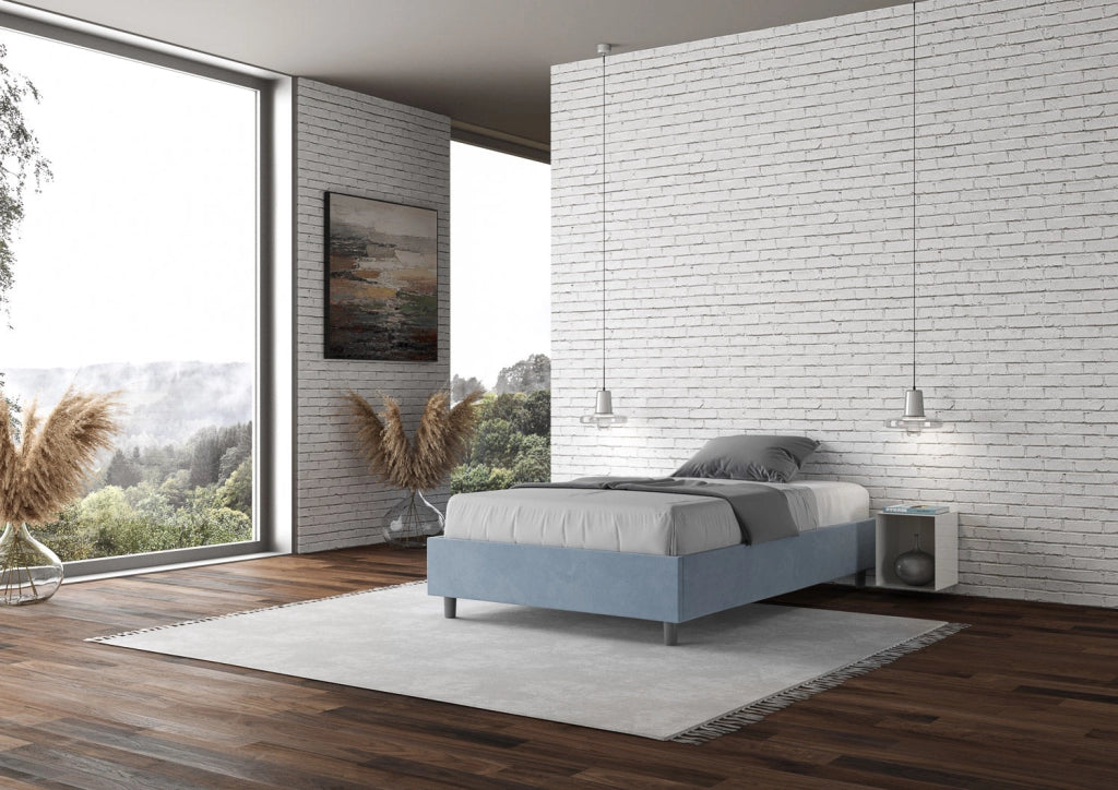 Letto Matrimoniale Francese Sommier 140x210 cm con Rete e Contenitore Azelia Azzurro