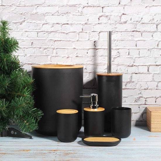 Set di accessori da bagno 6 pezzi - Dispensatore di sapone - Orecchini per spazzolini da denti - Cestino per rifiuti - Supporto per spazzolino da bagno - Materiale PP e bambù duraturo