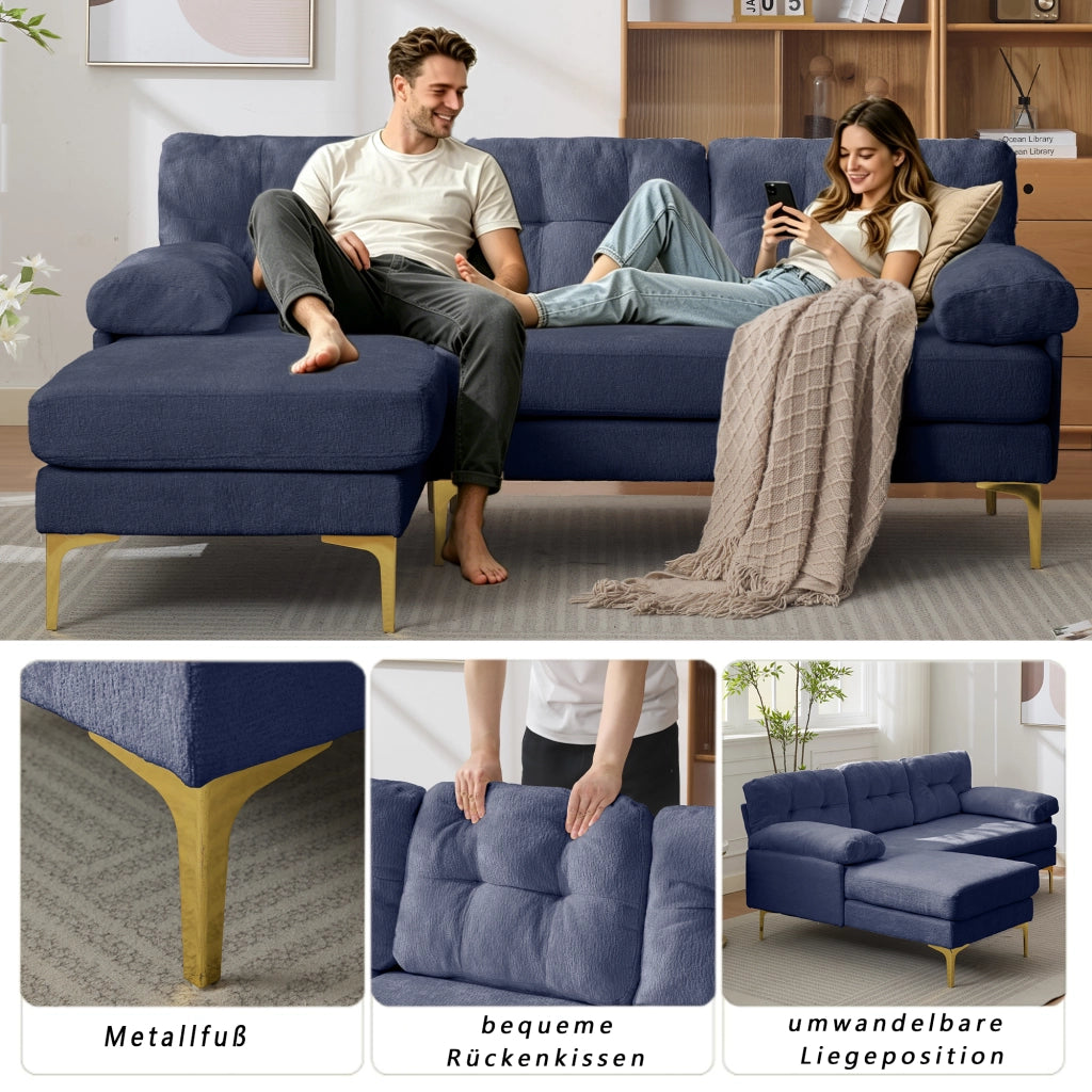 Divano angolare reversibile a 3 posti con cuscini imbottiti, braccioli larghi, struttura in legno, in tessuto chenille blu