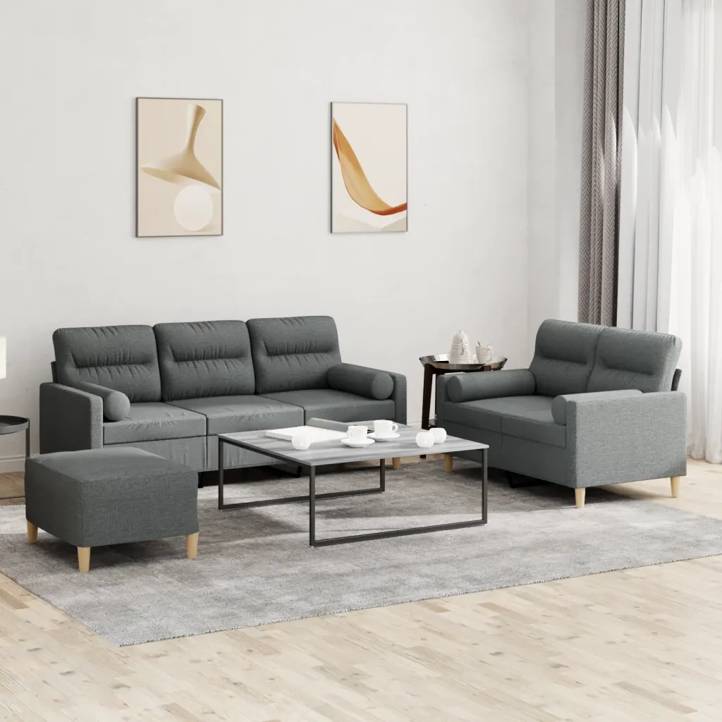 Set di Divani 3 pz con Cuscini Grigio Scuro in Tessuto 3201625