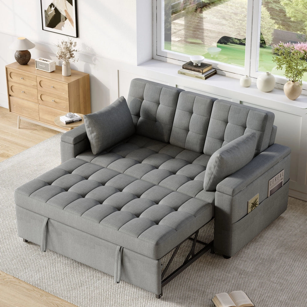 Divano letto a 2 posti con schienale regolabile; contenitori laterali; 2 cuscini; grigio