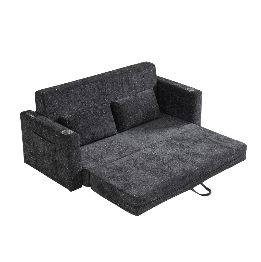 Divano letto 2 posti 80x50x50 cm in ciniglia nero/grigio con USB -
