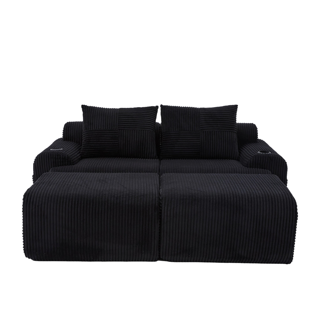 Divano modulare 2 posti con portabicchieri e tasca laterale, in velluto a coste nero, 200 × 174 × 80 cm