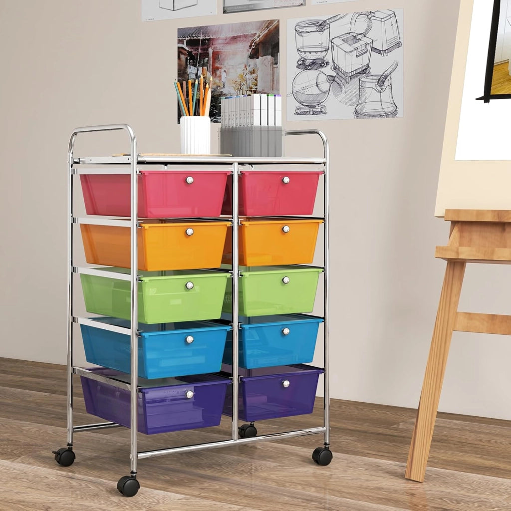 Carrello a 10 Cassetti con Ruote, di Stoccaggio con Stabilità Elevata, Multiuso per Casa Ufficio e Scuola, 65,5 x 37 x 87 cm(Arcobaleno)