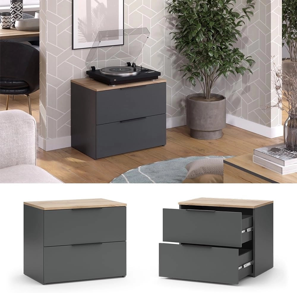 Credenza Wido, Antracite, 60 x 50 cm con 2 cassetti, per riporre abiti e oggetti di uso quotidiano