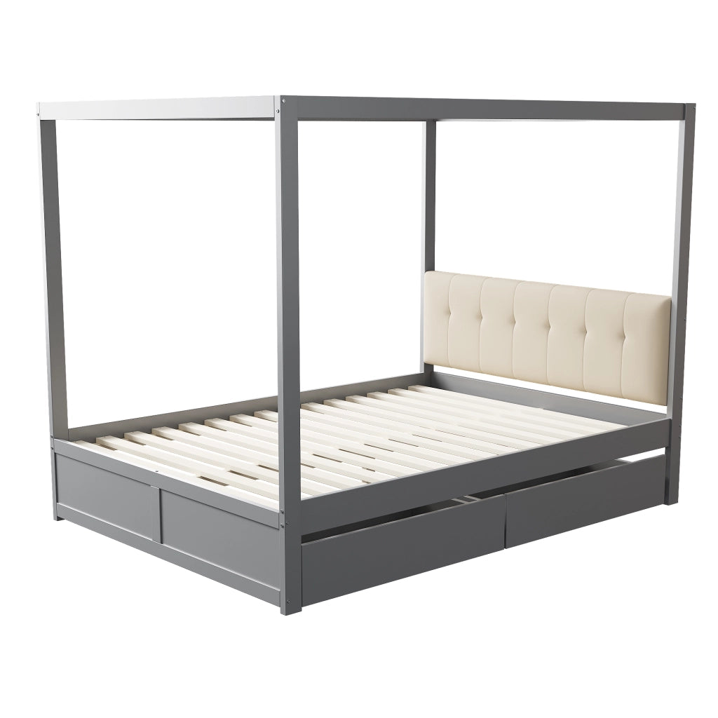 Letto a Baldacchino con Cassetti e Testiera Imbottita ¨C MINIMAL ¨C Grigio 140x200