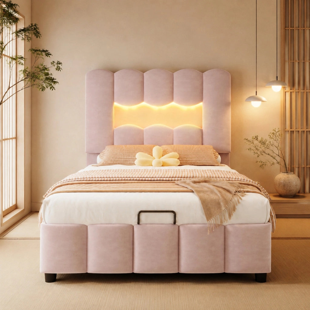 Letto imbottito 90x200 cm in velluto rosa con contenitore; LED multicolore e testiera regolabile