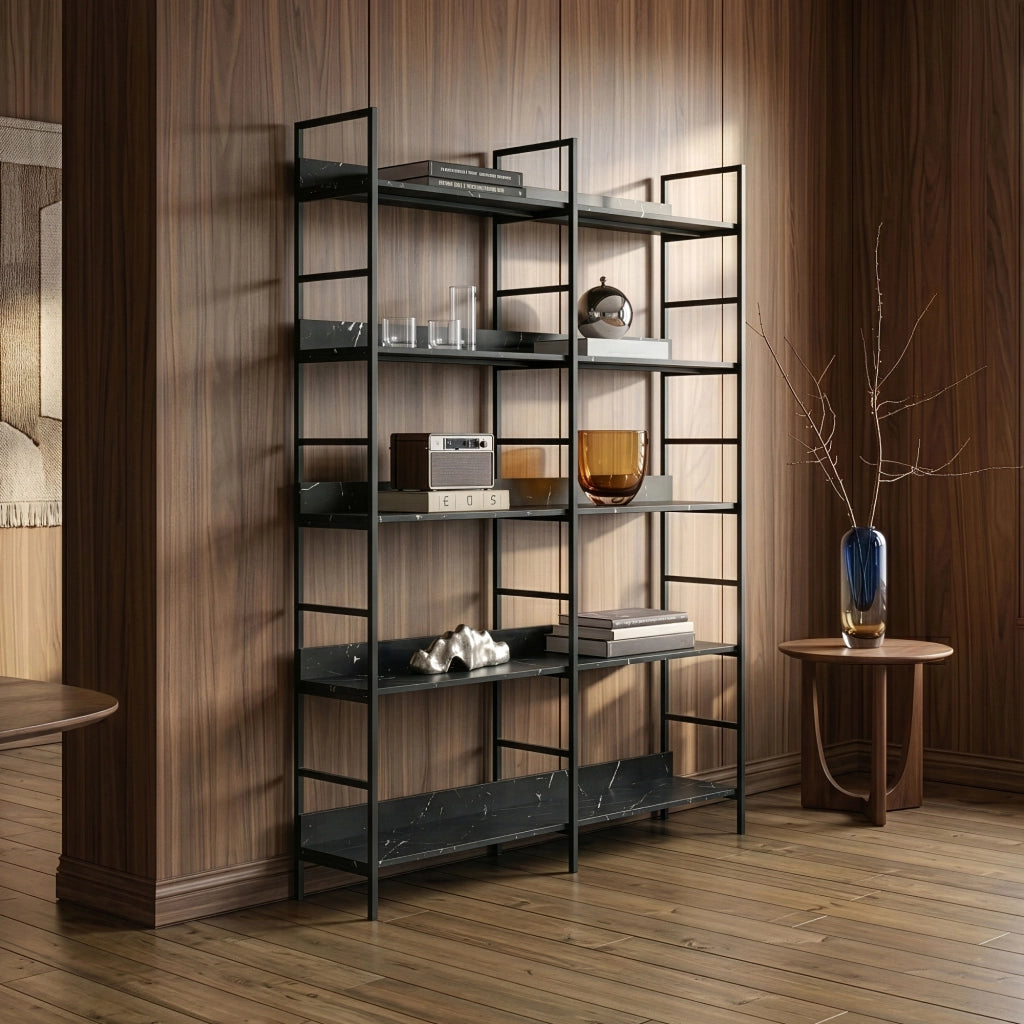 Libreria Noskik Scaffale da Terra con Ripiani 180 x 120 x 30 cm - Nero / Effetto Marmo Nero [en.casa]