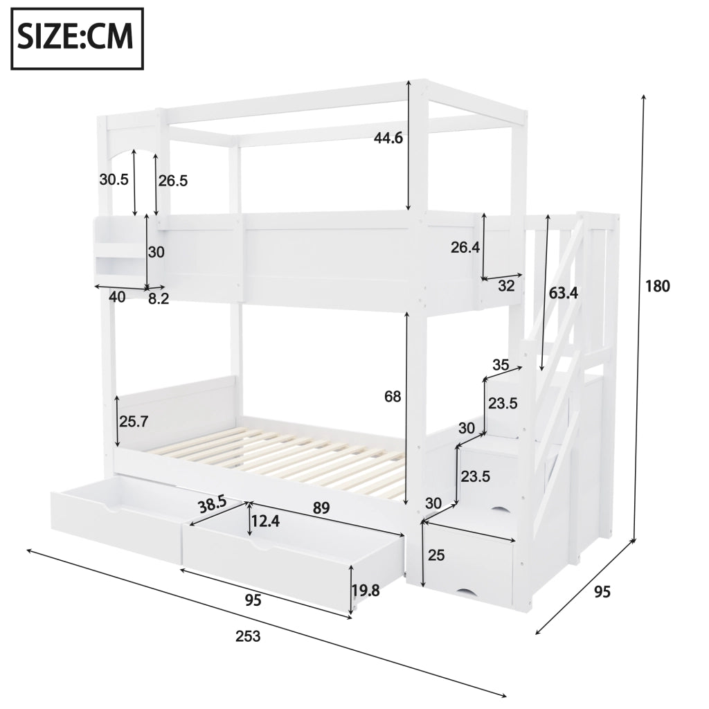 Letto a castello a casetta 90x200 cm con lavagna; 2 cassetti; mensole e scala contenitore; pino e MDF; bianco
