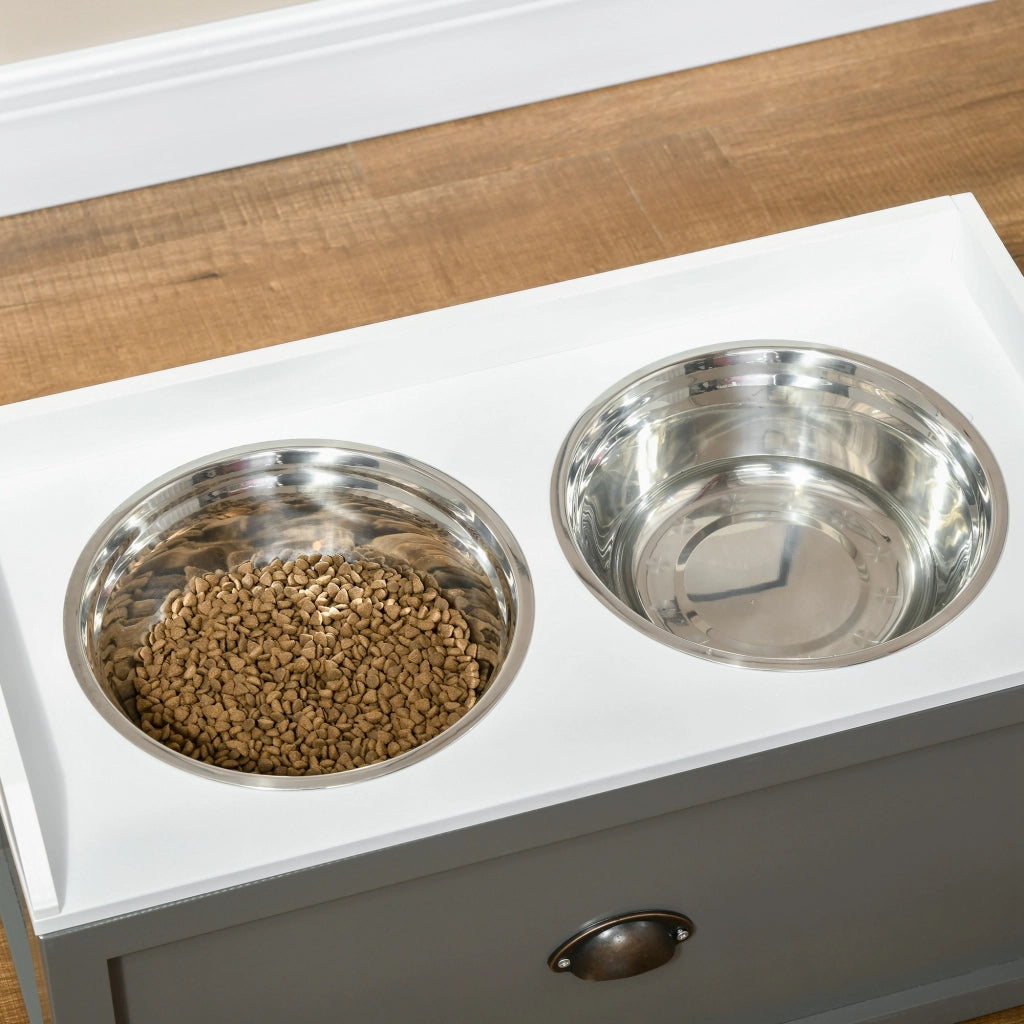 Ciotole per Cani Rialzate 60x30x36 cm con Cassetto in Acciaio Inox e Legno Grigio
