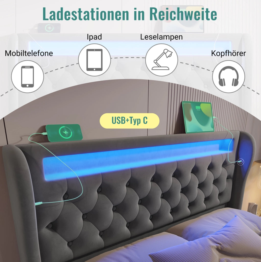 Letto imbottito 140x200 cm con LED, USB-C e vano contenitore