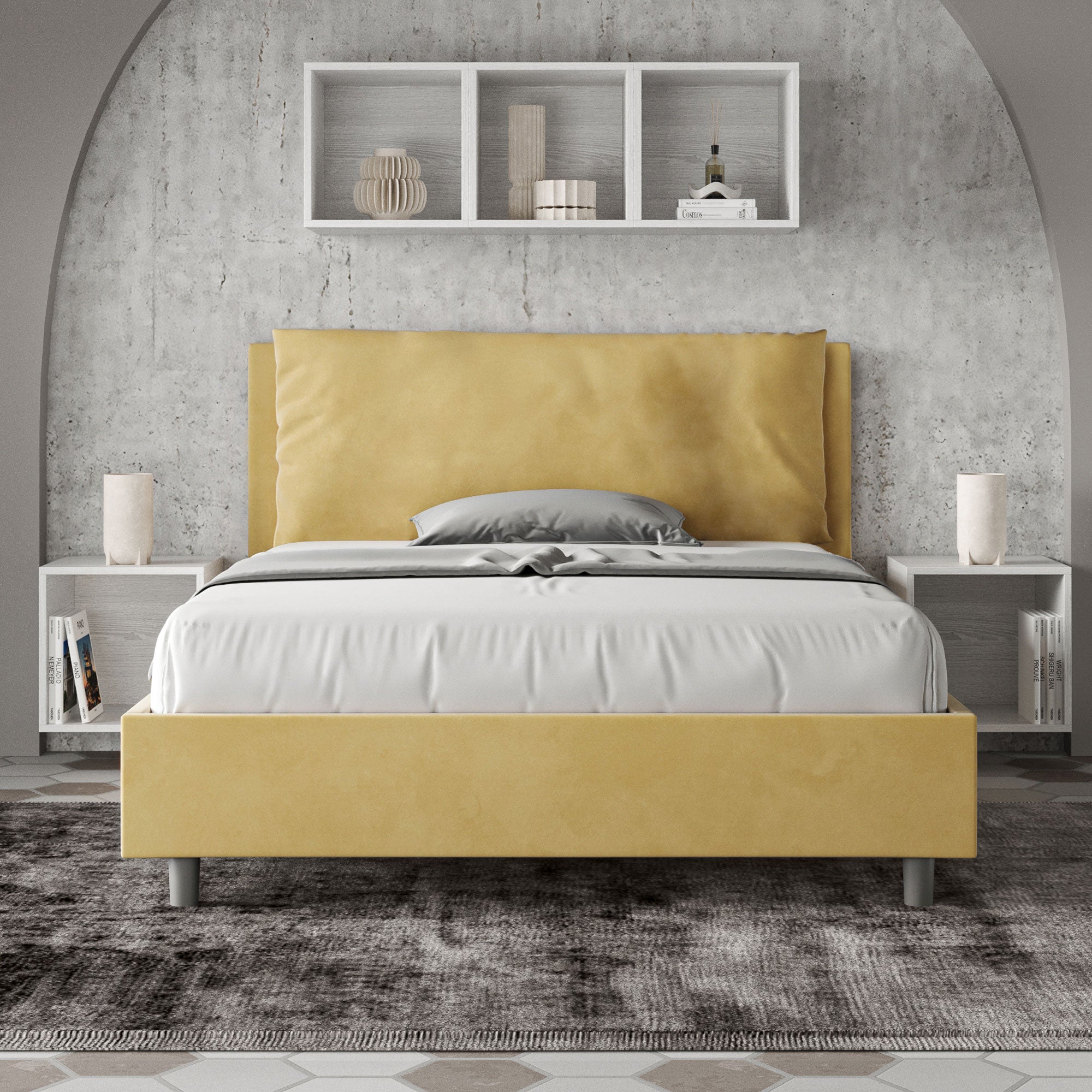 Letto Matrimoniale Francese 140x210 cm con Rete Imbottito in Microfibra Antea Large Ocra