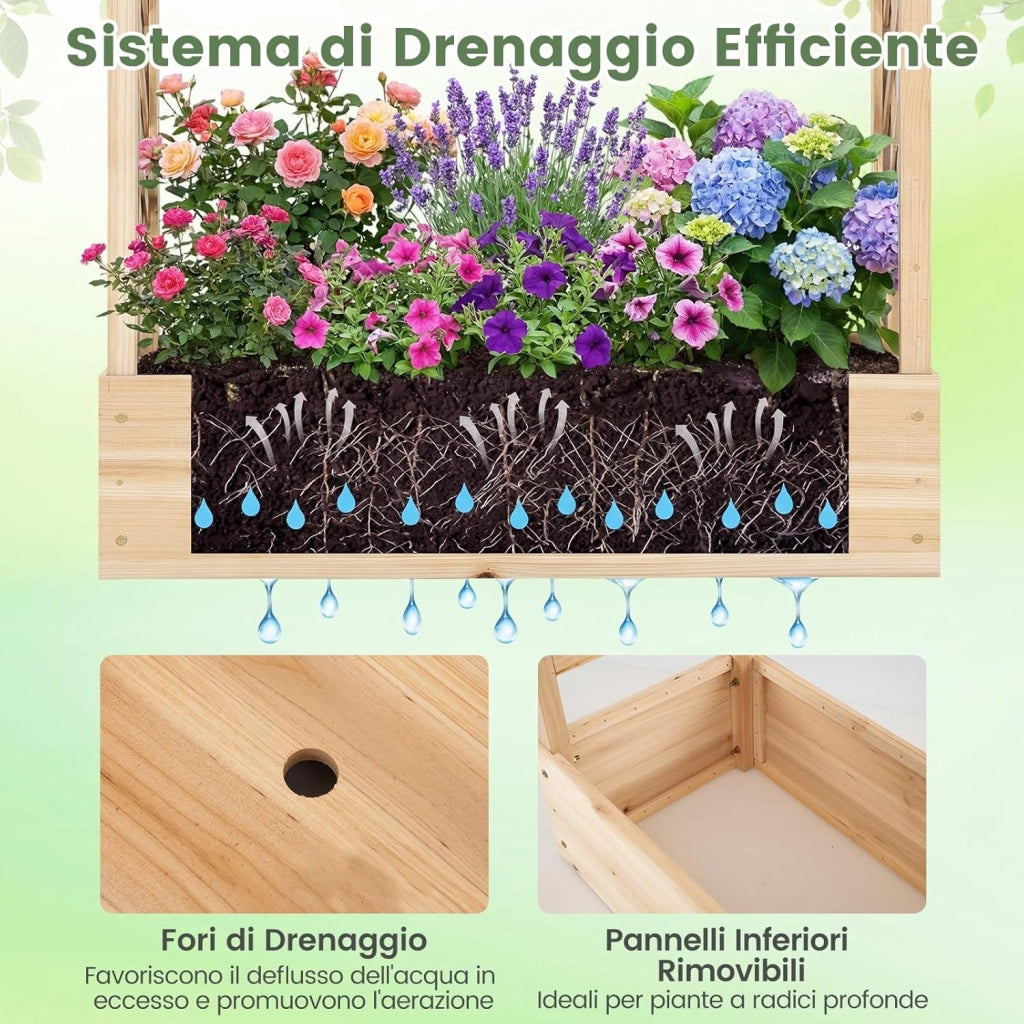 Fioriera Rialzata con Grigliato, Letto da Giardino Rialzato in Legno con Traliccio, Tetto e Fori di Drenaggio, Aiuola Elevata per Piante Rampicanti, Viti e Fiori (Naturale,110 x 35 x 114 cm)