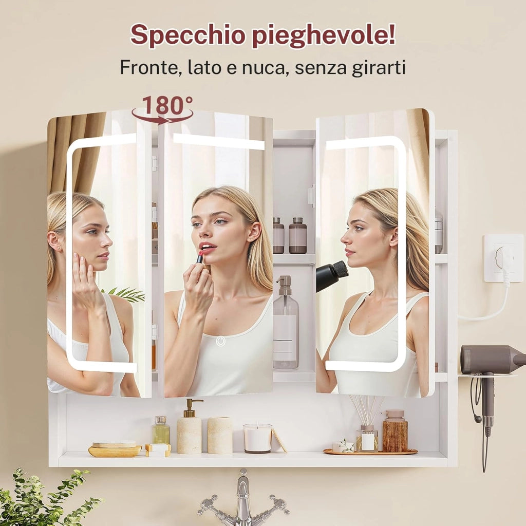 Specchio Bagno Contenitore con Luce LED e Presa Elettrica, Mobile Bagno a Specchio con 3 Ante e Gancio Asciugacapelli, 3 Temperature di Luce Dimmerabili a Touch, Ripiani Regolabili, Bianco