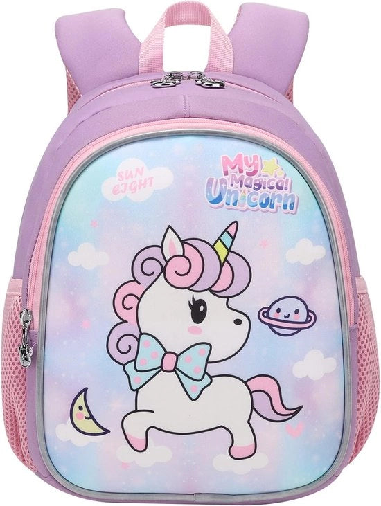 Zaino per bambini per bambine e bambini, 30 cm (30 cm) zaino per asilo nido, zaino per bambini in stile cartone animato con animali, per bambini dai 1 ai 5 anni, zaino lilla con un unicorno