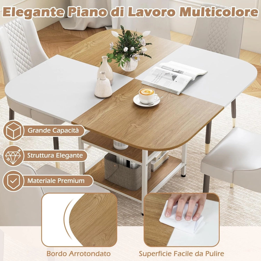 Tavolo da Pranzo Moderno, Tavolo Quadrato per Cucina con Piano Multicolore, Scaffale a 2 Livelli e Piedini Regolabili, Tavolo Console in Legno per Soggiorno, Sala da Pranzo e Cucina