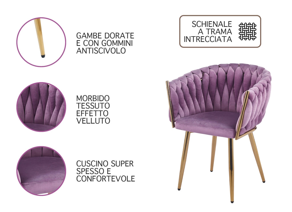 Poltrona Con Schienale In Velluto Intrecciato Design Moderno, Sedia Imbottita Circolare con Gambe in Metallo Placcato Oro Poltroncina Sala Pranzo Camera Salotto Cucina con Seduta Morbida Viola