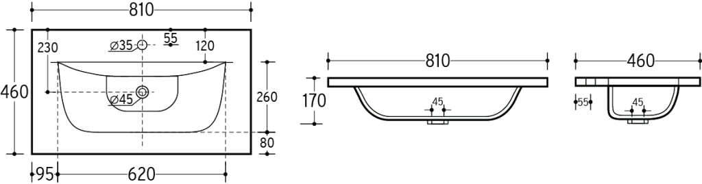 Lavabo per mobile a una vasca 80 cm Lavabi per mobile 81 x 17 x 46 cm