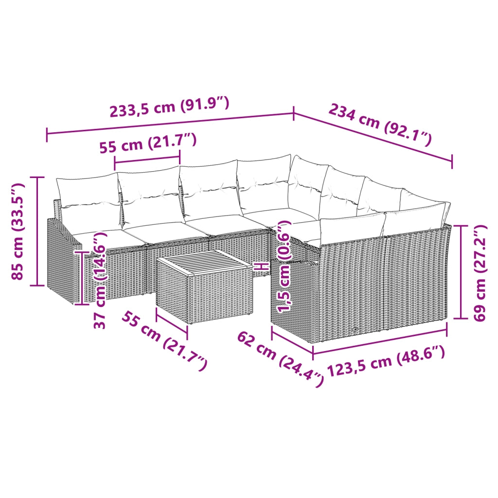 Set di Divani da Giardino in 9 Pezzi con Cuscini Polirattan Nero Acacia
