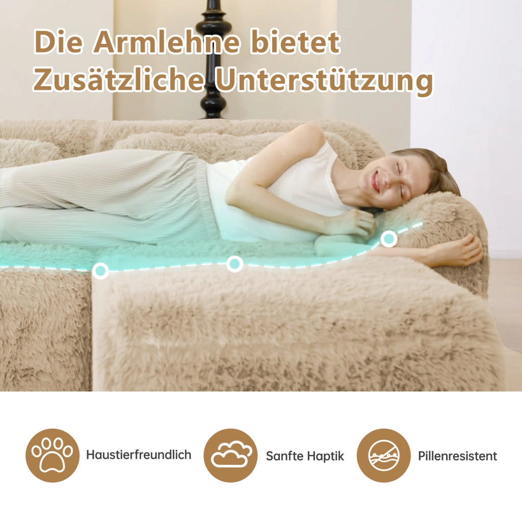 Divano Modulare a U con Design Ergonomico Base Antiscivolo e Cuscini in Peluche Cachi Chiaro