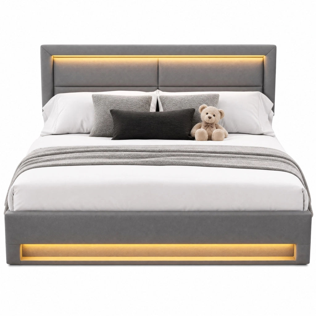 Letto imbottito 140x200 cm con USB, illuminazione LED, contenitore e rete a doghe, grigio