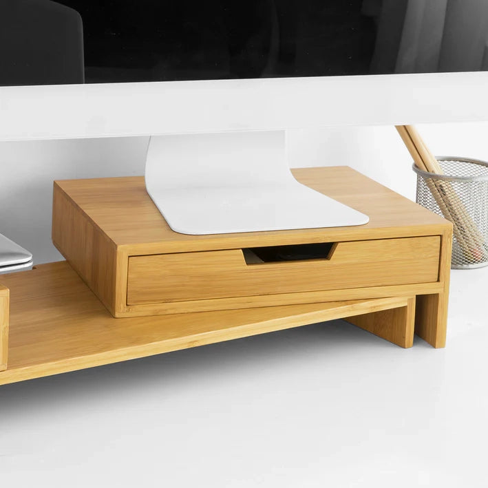 Supporto Monitor pc da scrivania per 2 Monitors Angoli Girevole con 2 cassetti e Gomma Antiscivolo in Legno massello di bambù BBF04-N