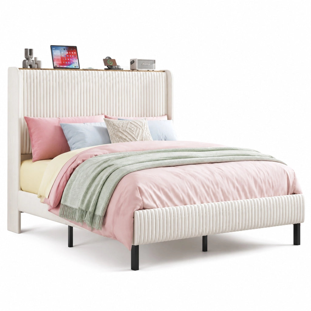 Letto imbottito 140x200 in tessuto effetto velluto con struttura in metallo