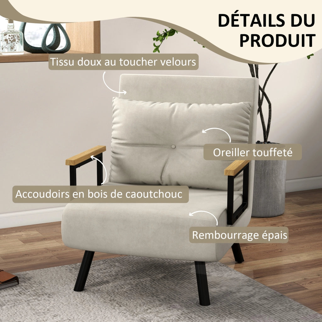 Poltrona letto singolo imbottita ¨C zephmum ¨C tessuto velluto crema con accoudoirs in legno