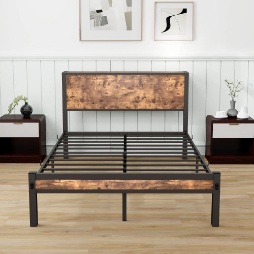 Letto singolo in metallo 120x200 con testiera contenitore; marrone vintage; senza boxspring