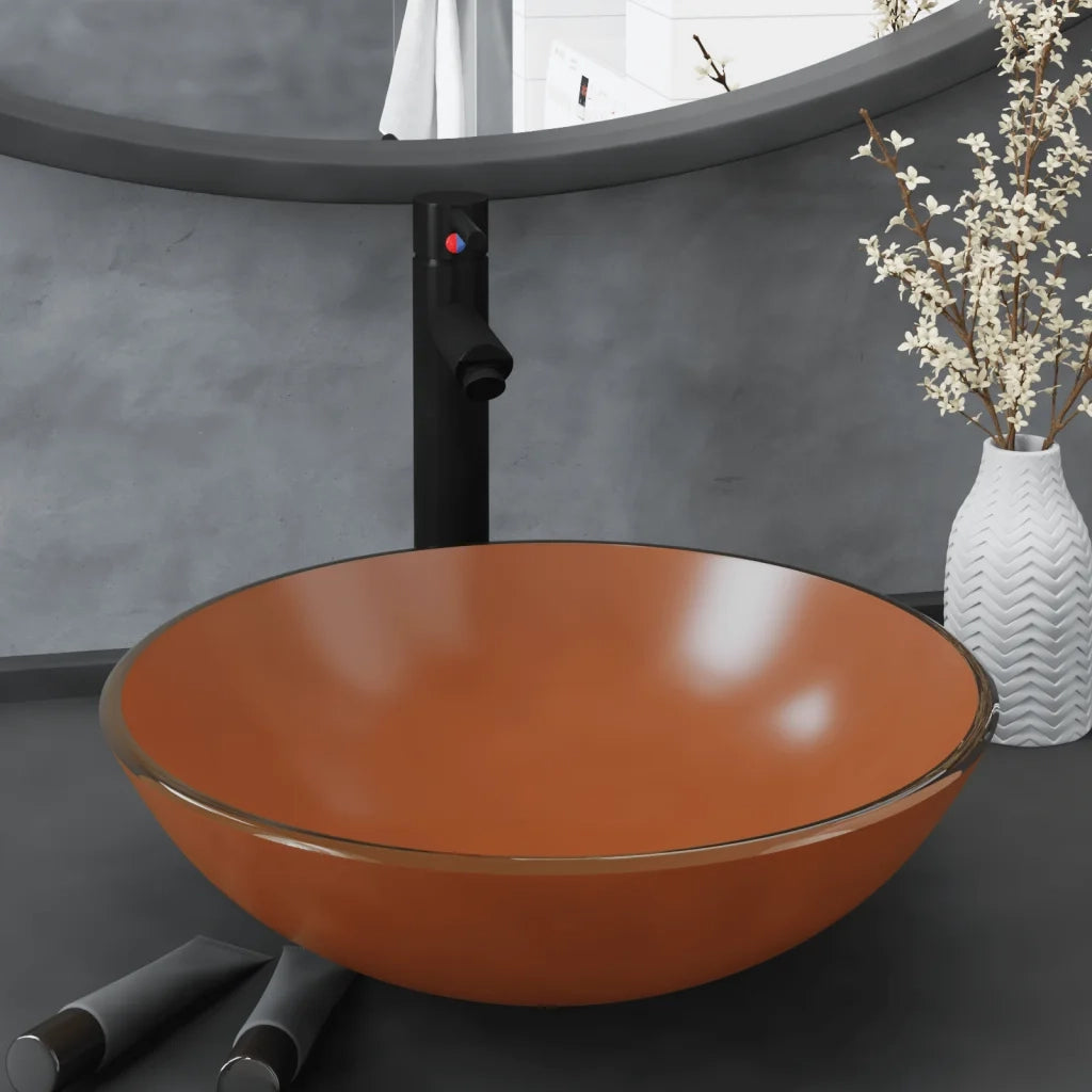 Lavandino con Rubinetto e Piletta in Vetro Temperato Marrone CFW9122323