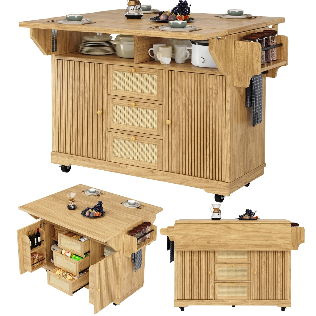 Carrello da cucina estensibile con spazio nascosto; cestini laterali e cassetti in rattan PE per cucina e balcone