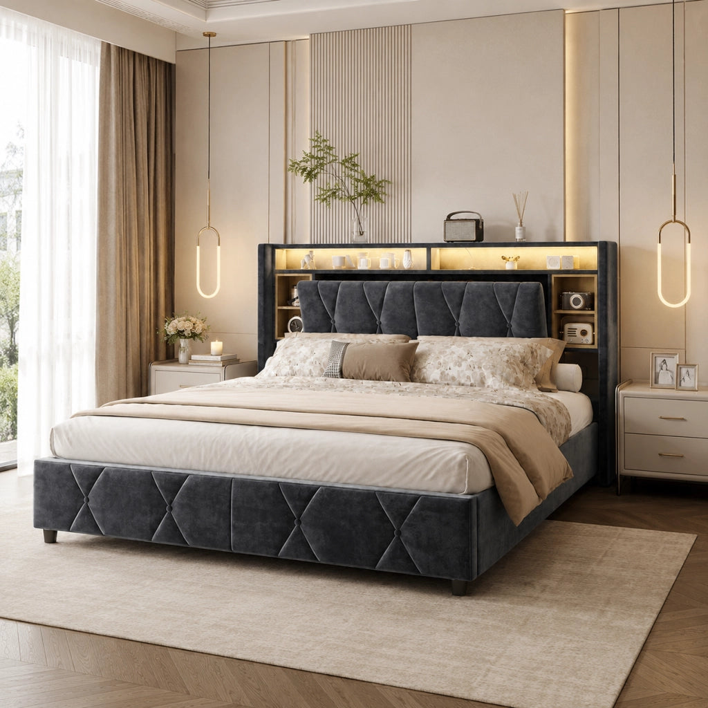 Letto imbottito grigio 140×200 cm, testiera contenitiva multilivello, USB‑C, LED con telecomando, base letto vano idraulico salvaspazio
