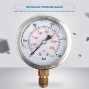 Manometro 0-250 bar/0-3750 PSI - Riempito con liquido - Disco indicatore 63 mm - Connettori G1/4 a vite - Marcatori digitali chiari - Drukmometro