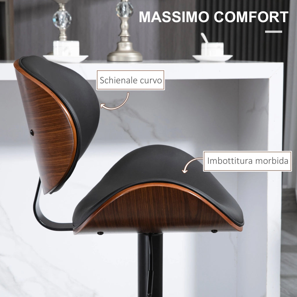 Set 2 Sgabelli da Bar con Schienale 53x52x92-112 cm in Legno e Finta Pelle Nero