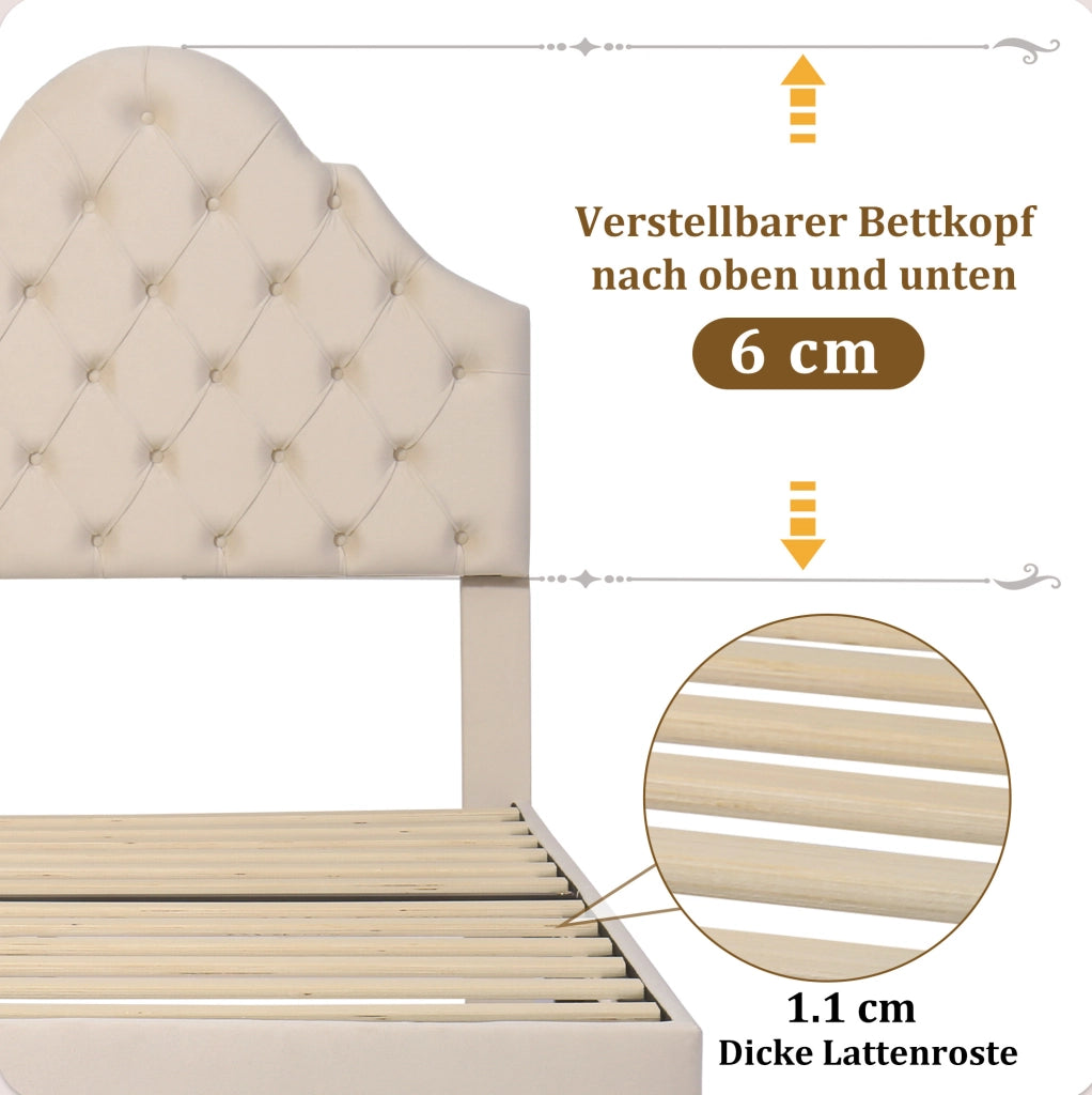 Letto imbottito 90x200 cm con rete a doghe e testiera regolabile in velluto beige