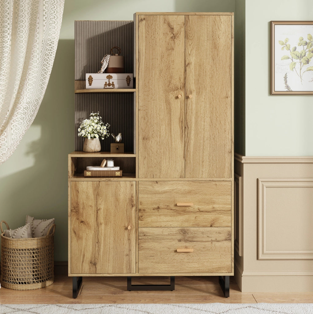 Guardaroba compatto 110x38x186 cm con appendiabiti estraibile e cassetti in MDF nero e naturale