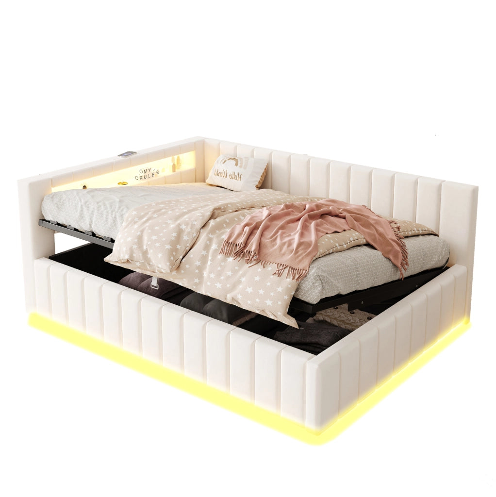 Letto imbottito 140x200 cm; contenitore idraulico; LED e USB; velluto; beige (Senza materasso)