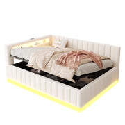 Letto imbottito 140x200 cm; contenitore idraulico; LED e USB; velluto; beige (Senza materasso)