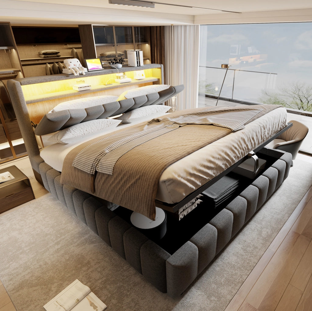 Letto imbottito 180 x 200 cm con contenitore idraulico, LED e porte USB
