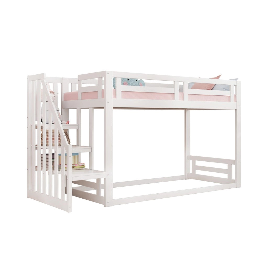 Letto a Castello Basso per Bambini con Scala ¨C MINIMAL ¨C Massello Bianco, Doghe, 90x200