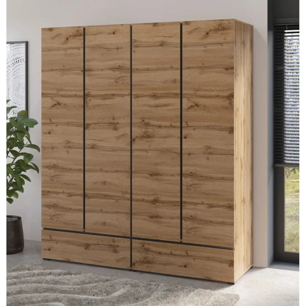 Armadio HAVANA 180 cm - Rovere e nero - 4 porte e 2 cassetti - Eleganza naturale e grande capacità