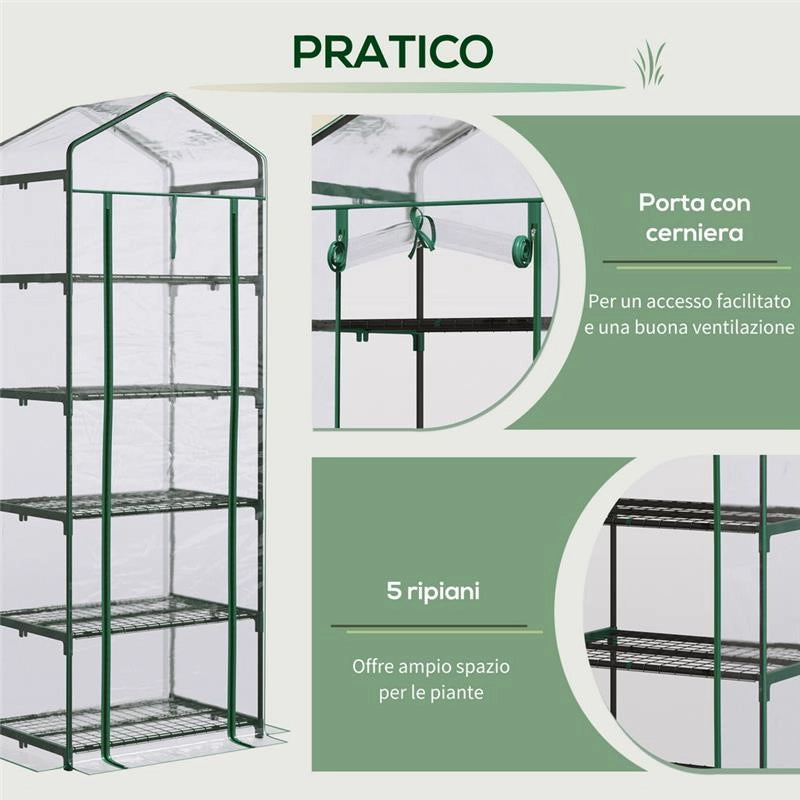 MINI SERRA PER PIANTE A 5 RIPIANI IN ACCIAIO CON COPERTURA IN PVC 69X49X193CM